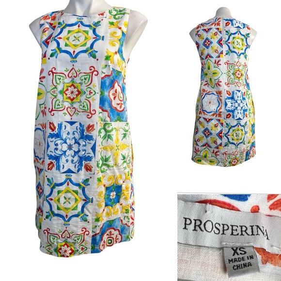 Prosperina Dresses & Skirts - Prosperina Catania Sicilian Tile Print‎ Shift Dress xs sleeveless linen blend